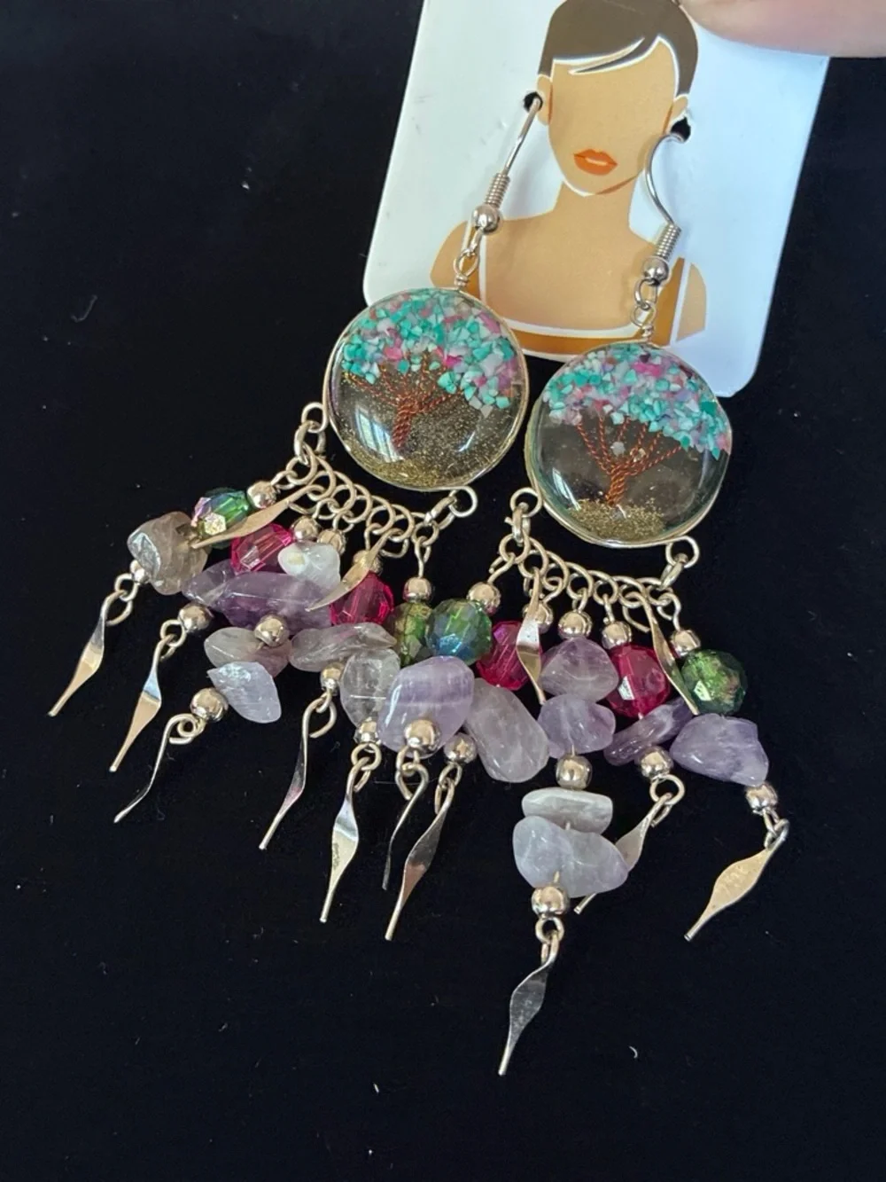 Colorful Tree Art Purple Dangle Earrings